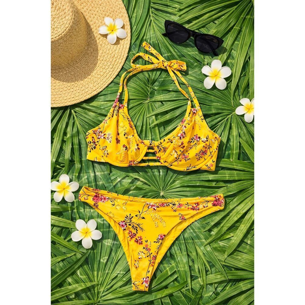 Birdsong Yellow Floral Bikini Set Underwire Halter Top 36D Bottom L - Picture 12 of 12